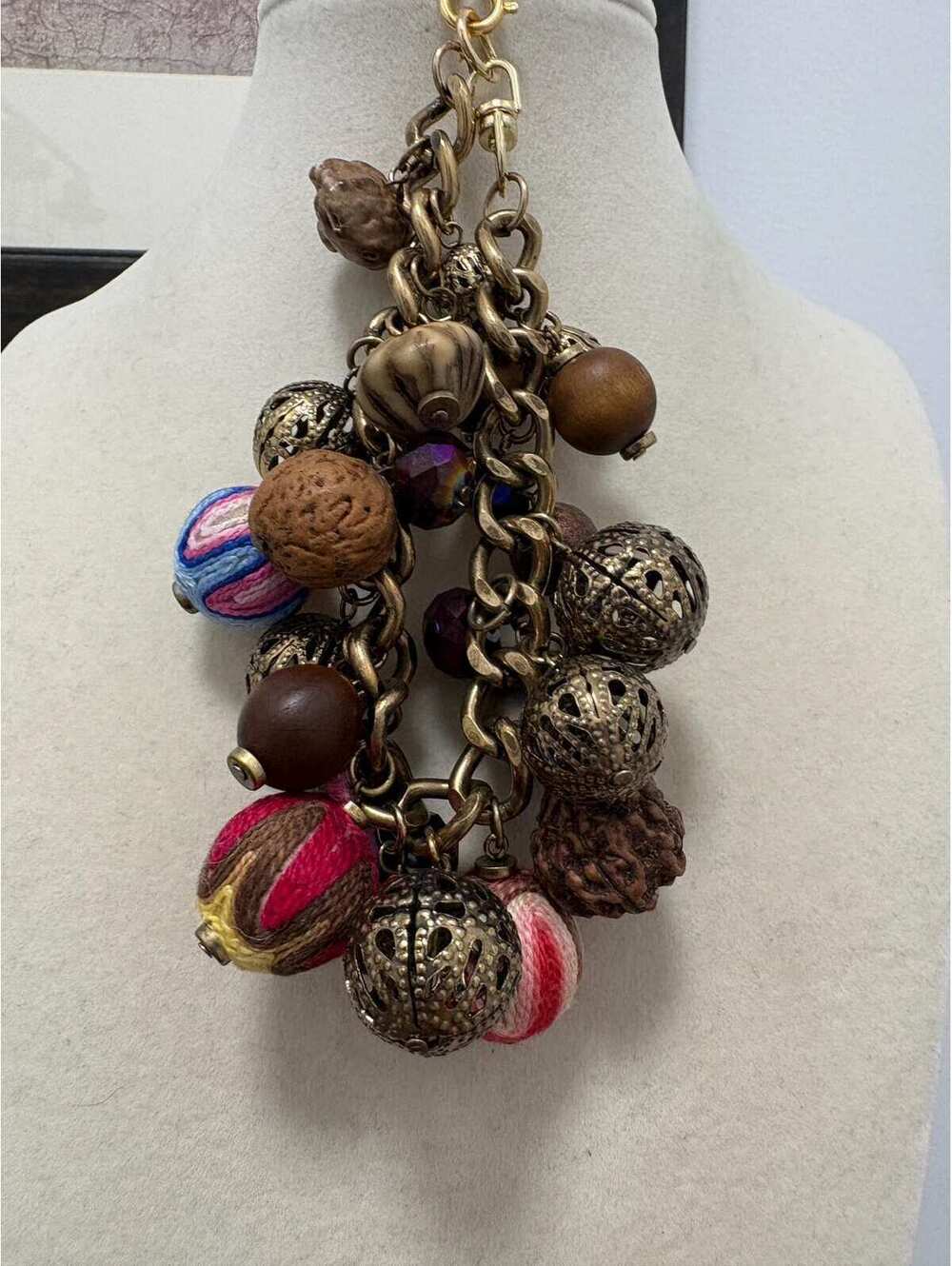 Chunky Baubles Bracelet w/ Wood Metal Faux Beads Brown Organic Shapes Fall Boho